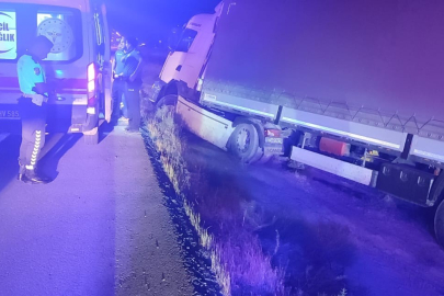 Tır Şarampole Düşüp Yön Tabelasına Çarptı