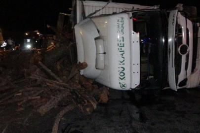 Odun Yüklü Kamyon, Kırmızı Işıkta Duran Otomobile Çarparak Devrildi