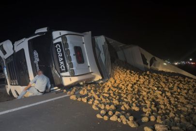 Köpeğe çarpmamak için sürücüsünün manevra yaptığı pancar yüklü tır refüje devrildi