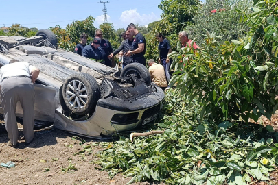 Virajı alamayarak takla atan otomobil avokado bahçesine uçtu