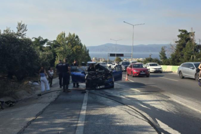 Alev alan otomobil zeytinlik alana sıçramadan söndürüldü