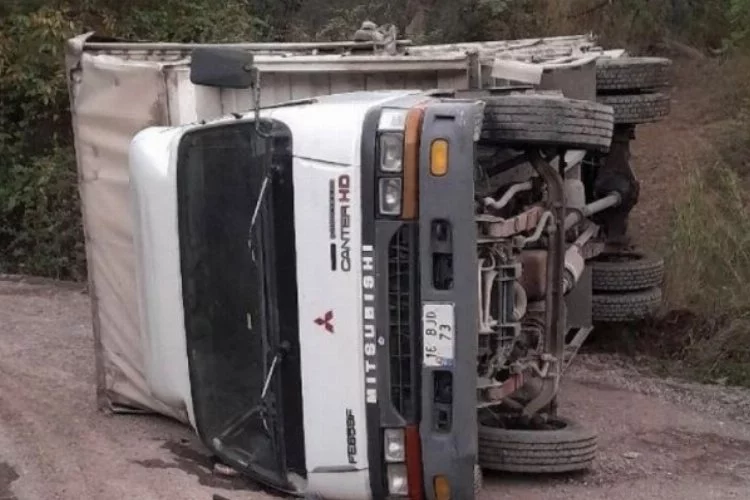 Bursa'da kereste yüklü kamyon devrildi
